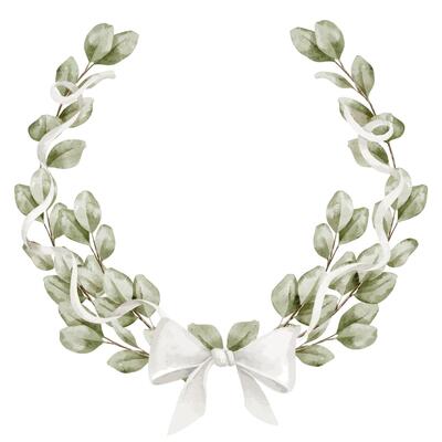Watercolor illustration of Eucalyptus wreath with a ribbon wrapped frame and bow. Drawing of round Template with plants and leaves for wedding invitations or Baby shower greeting cards.