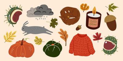 Fall illustrations with animals and seasonal items vector
