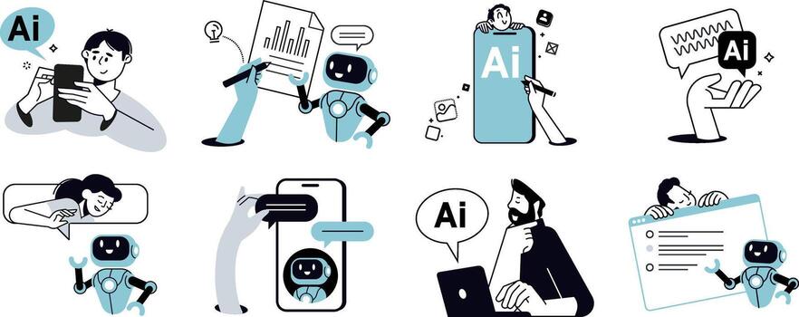 Artificial Intelligence technology. illustrations of ai chatbot, ai assistant, online communication, chat ai, app and services, Artificial Intelligence technology. vector