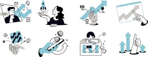 Set of people illustrations in various activities of business, marketing, strategy, planning, data analytics, startup, launch product, success. vector