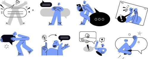 Dialogue and discussion concepts. Set of people illustrations in various activities of online communication, customer support, feedback, chatting, social network. vector