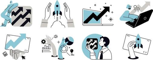 Startup. Set of people illustrations in various activities of business, marketing, strategy, planning, data analytics, startup, launch product, success. vector