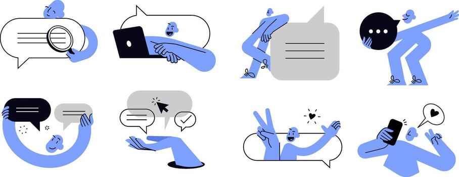 Dialogue and discussion. Set of people illustrations in various activities of online communication, customer support, feedback, chatting, social network. vector