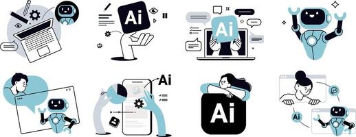 Ai chat illustrations. Concepts of ai chatbot, ai assistant, online communication, chat ai, app and services, Artificial Intelligence technology. vector