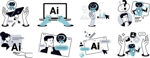 Ai chat. illustrations of ai chatbot, ai assistant, online communication, chat ai, app and services, Artificial Intelligence technology. vector