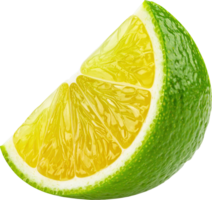 Close up of a lime wedge showing its juicy yellow interior and green rind png