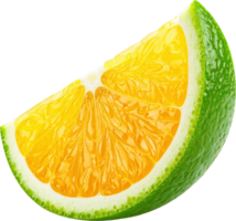 Close up of a juicy orange citrus fruit slice Bright yellow segments and green rind png