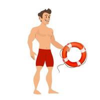 Lifeguard holding lifebuoy, ensuring beach safety vector