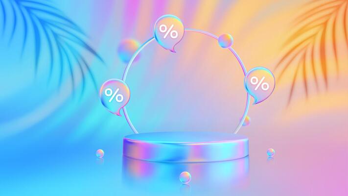 Stage podium. Summer sale. Discount percent. Mega sale special offer. Product podium, pedestal, platform with palm leaves shadows. Bright sunset, sunrise sky colors. Blue, purple, orange, pink.