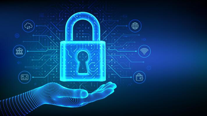 Cyber security and data protection concept. Padlock with keyhole in wireframe hand. Network safety. Information privacy idea. Circuit board pattern. PCB printed circuit texture. illustration.