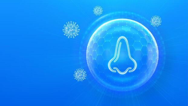 humano nariz y respiratorio sistema cuidado. proteccion desde virus, polvo y Alérgenos. cuidado de la salud. virus célula.nariz icono dentro proteccion esfera proteger con hexágono modelo vector