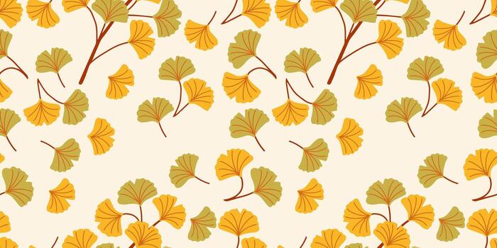 Seamless botanical pattern of branches and yellow leaves of ginkgo biloba on light background. For prints of fabrics, textiles, packaging. vector