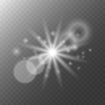 un espumoso estrella con luminoso partículas, asteriscos bokeh efecto y transparente reflejos. monocromo ilustraciones en gris antecedentes vector