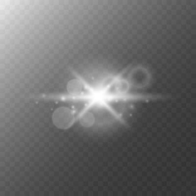 Monochrome illustrations with luminous star, glare particles, bokeh light and transparent glare effects on gray background