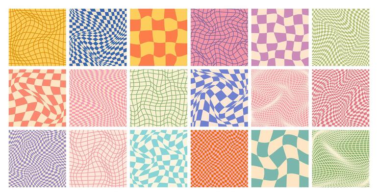 Checkered pattern, colorful distorted tiled grid. Vintage wavy curved backdrop, distortion effect. Funky geometric chessboard texture, retro background in 90s style, y2k. illustration