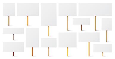 White protest sign with wooden holder. Various realistic demonstration banners. Strike action cardboard placard mockup. Social advertisement. illustration vector