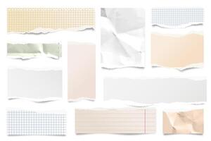 Colorful ripped paper strips isolated on white background. Realistic lined paper scraps with torn edges. Sticky notes, shreds of notebook pages. illustration. vector