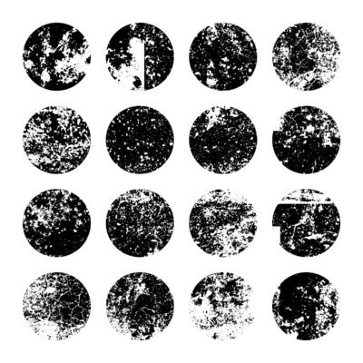 Circles with stains and scratches. Circle brush stroke, round shape design element. Distressed dirty text frame, border, sticker or label. Paintbrush, ink stains. illustration