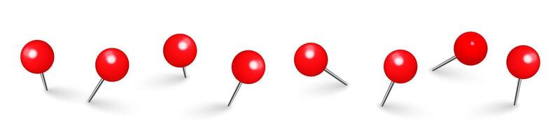 Red push pins. Board tacks isolated on white background. Plastic pushpin with needle. illustration. vector