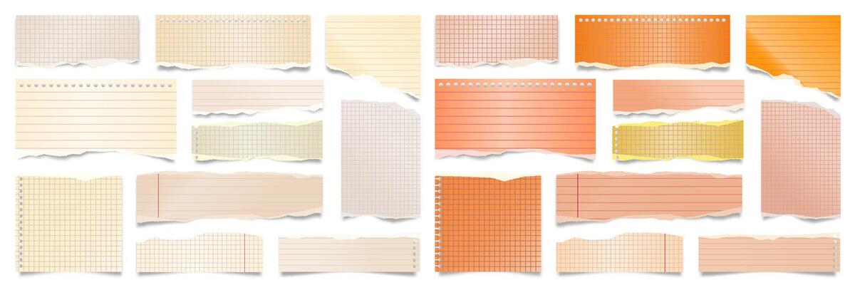 Ripped paper strips isolated on white background. Realistic lined paper scraps with torn edges. Sticky notes, shreds of notebook pages. illustration.