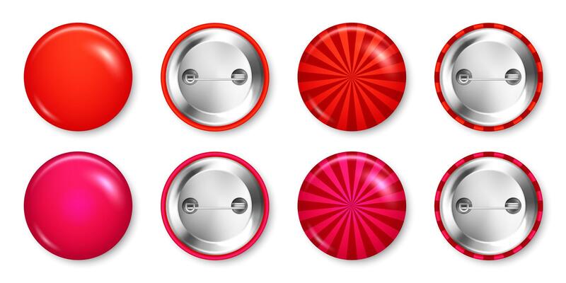 Colorful funky badges. Sunburst effect. Glossy 3D round button. Pin badge, brooch mockup for product promotion and advertising. illustration
