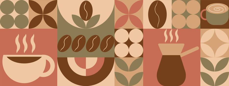 Pattern with coffee theme in geometric minimalistic style. Print with abstract shapes. Illustration for cover design, food package, menu, background vector
