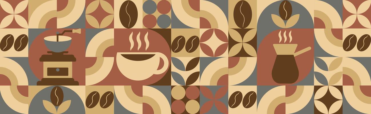 Pattern with coffee theme in geometric minimalistic style.