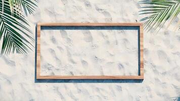 Wooden Frame on Tropical Beach Sand Background with Palm Leaves 3D Animation video