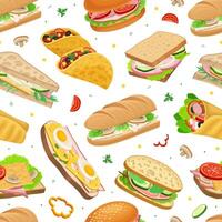 Colorful food pattern with sandwiches and tacos vector