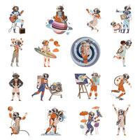 Colorful astronauts performing various activities vector