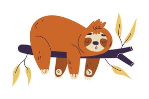 gracioso perezoso animal personaje dormir en árbol rama ilustración vector
