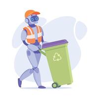 Robot Janitorial Worker Push Dustbin as Smart Android Assistant Machine Illustration vector