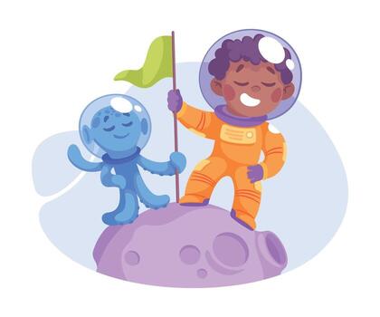 Boy Astronaut Character with Alien in Outer Space Exploring Universe Illustration vector