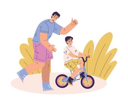 Boy Character Learn Ride Bicycle with His Dad Have Schedule and Daily Routine Activity Illustration vector