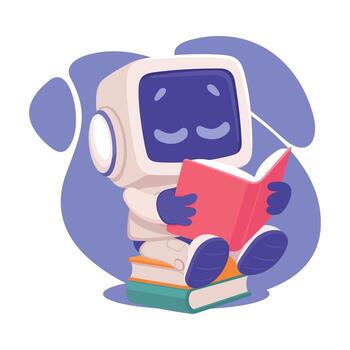 robot personaje leyendo libro como inteligente androide asistente máquina ilustración vector