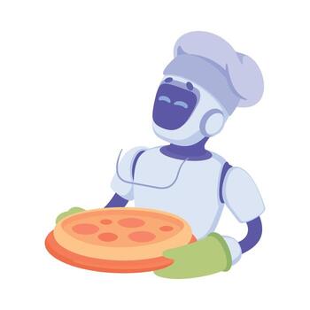 robot sostener Pizza como inteligente androide asistente máquina ilustración vector