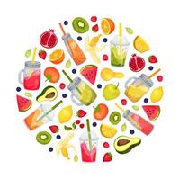 Colorful smoothies and assorted fruits vector