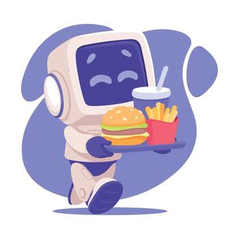 robot personaje llevar rápido comida bandeja como inteligente androide asistente máquina ilustración vector
