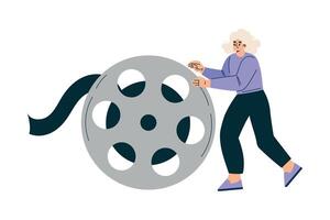 Woman Push Huge Reel at Shooting Film Movie Production Scene Illustration vector