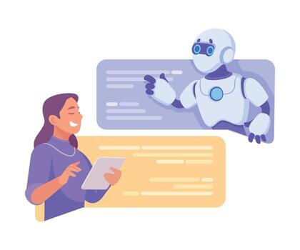 robot personaje interactuar con mujer como inteligente androide asistente máquina ilustración vector
