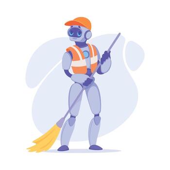 robot con Escoba barrer calle como inteligente androide asistente máquina ilustración vector