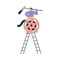 Man on Ladder with Reel and Microphone at Shooting Film Movie Production Scene Illustration vector