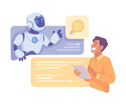 robot personaje interactuar con hombre como inteligente androide asistente máquina ilustración vector