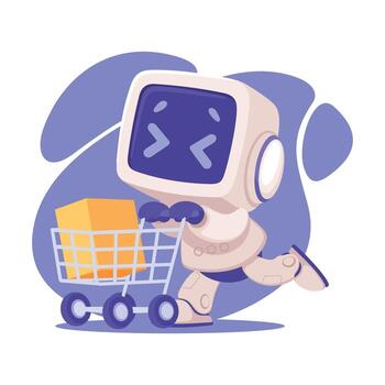 robot personaje compras con carro como inteligente androide asistente máquina ilustración vector
