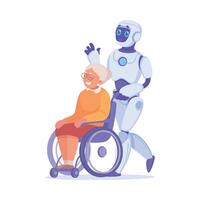Robot Push Wheelchair with Senior Woman as Smart Android Assistant Machine Illustration vector