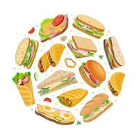variety of sandwiches and tacos vector