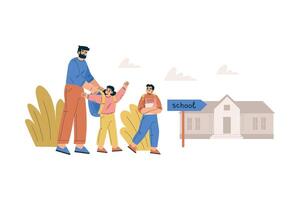 Boy and Girl Schoolkids Character Going to School with Dad Illustration vector