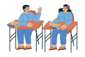 Boy and Girl Schoolkids Character in School Sit at Desk Illustration vector