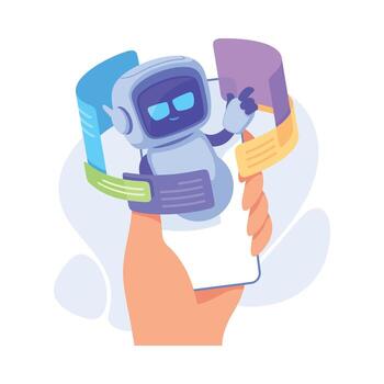 mano con teléfono inteligente y robot como inteligente androide asistente máquina ilustración vector