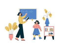 Girl Schoolkid Character at Chalkboard with Teacher in Class Illustration vector